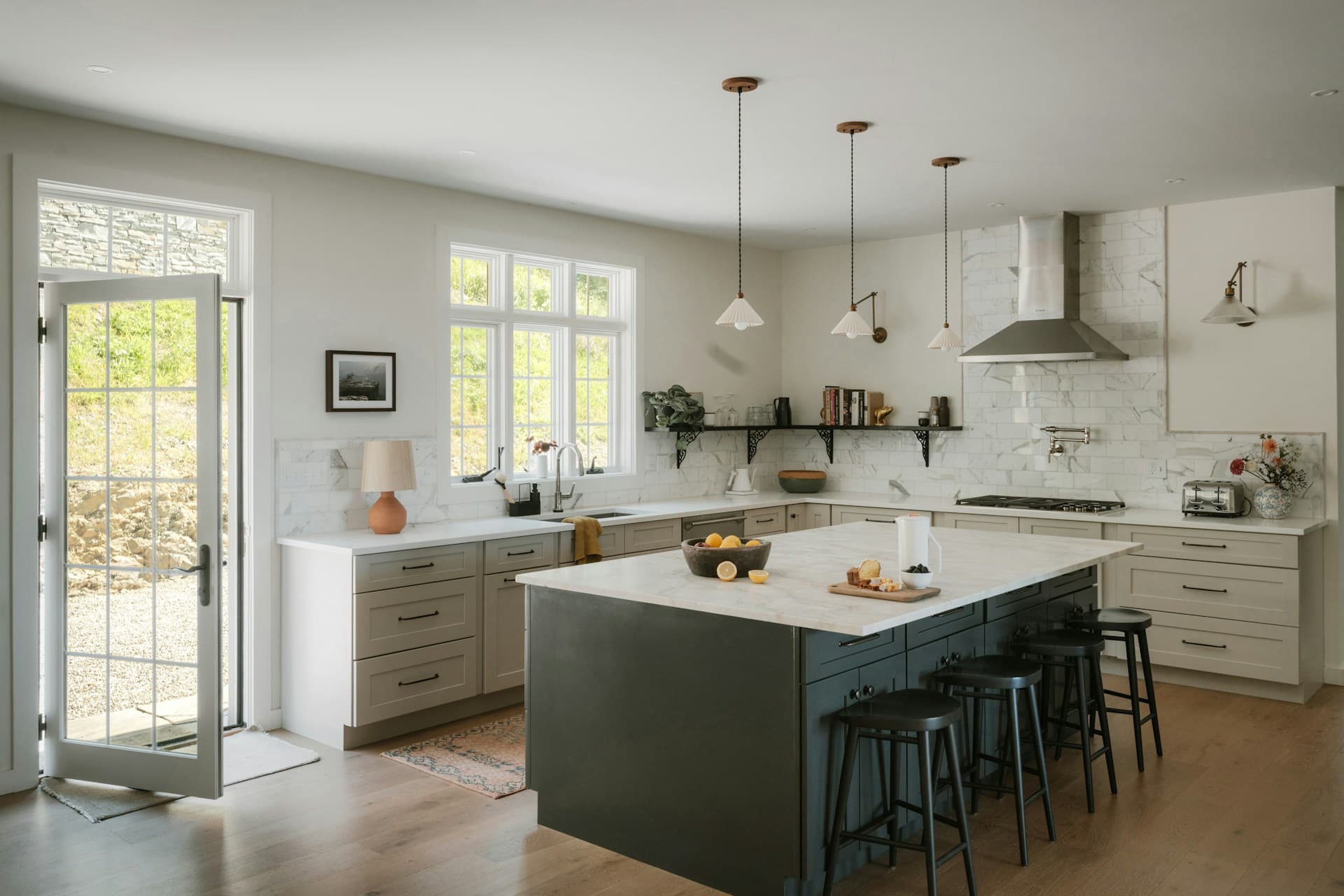 Bright, renovated kitchen with island and timber cabinetry